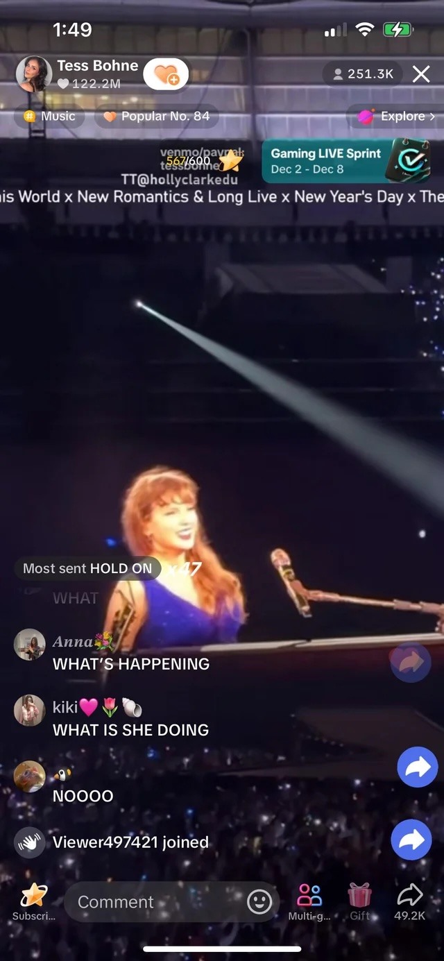 Screenshot of TikTok app with a livestream of the Eras Tour